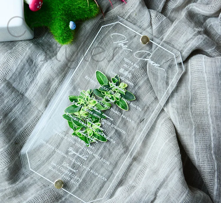  Cocostyles bespoke unique acrylic double layer greenery invitation card with engraving for lawn wed - 32855940717