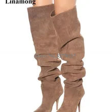 Linamong/женские модные замшевые сапоги выше колена с острым носком на шпильке со складками; Свободные высокие сапоги на высоком каблуке без застежки