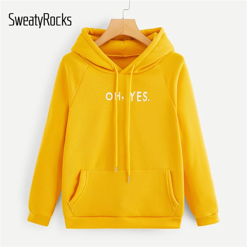 

SweatyRocks Letter Print Raglan Sleeve Hooded Sweatshirt Streetwear Casual Yellow Tops 2019 Spring Fashion Clothes Women Hoodies