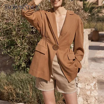 

TWOTWINSTYLE Solid OL Blazer Coats For Women Notched Collar Long Sleeve Ruched Tunic Coat Female Fashion New Tide 2020 Summer