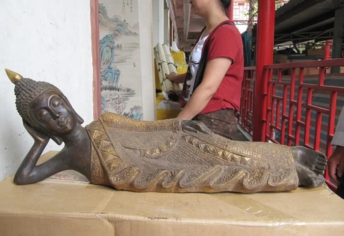 

Collectible bronze S2354 Tibet Buddhism temple Old Copper Bronze rest sleep Rulai Sakyamuni Buddha Statue (B0328)