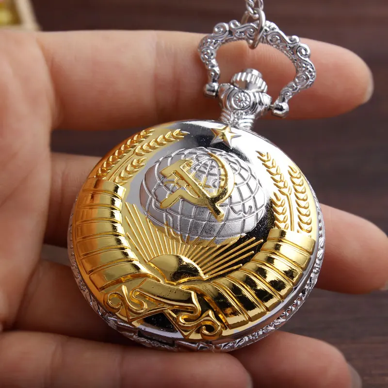 Golden Soviet Badges Sickle Hammer Pocket Watch Retro Quartz Necklace Watches Chain Pendent Hours Clock