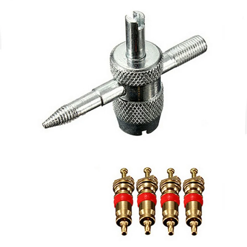 4 In 1 Tool + 4 Pcs Brass Color Valve Cores Car Repair Tool Automobile