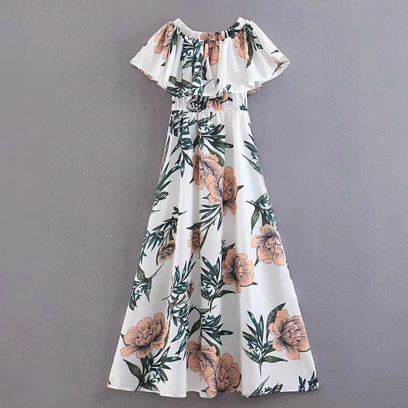Women's Clothing Dress 2019 Chiffon Fabric Printed Ruffled Slash Neck Dress Ms Summer Street Sexy Slim Fit Temperament Clothing