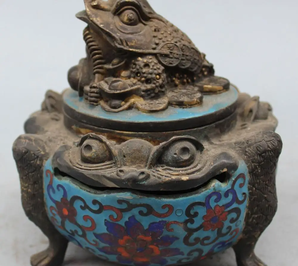 

6" Marked Bronze Cloisonne Enamel Wealth Jin Chan Gold Cicada Incense Burner