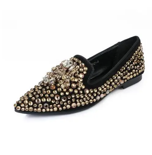 

Newest Flat Shoes 2018 Pointed toe Crystal Embellished Woman Loafers Slip-on Casual Shoes Gold Rhinestones Studded Flat Shoes