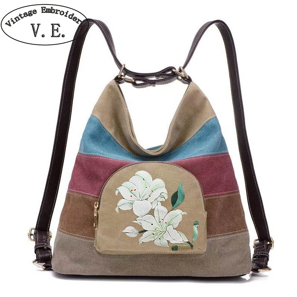

Vintage Embroidery Women Hand-painted Canvas Backpack Patchwork Multi-function Travel Shopping Shoulder Bag Rucksack Mochila