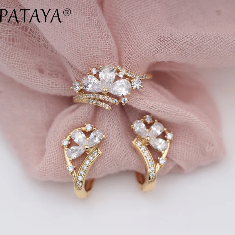 PATAYA, Новое поступление, женские изысканные вечерние ювелирные изделия из розового золота 585, темно-синие висячие серьги с натуральным цирконием в виде лепестков воды, наборы колец