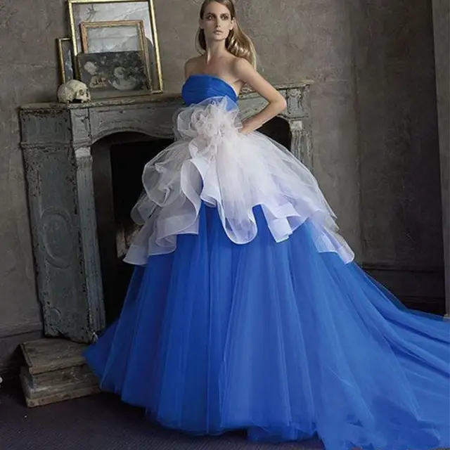 Wedding Dress Pleat Royal Blue Ball Gown Tulle Puffy Long Tail Wedding Dress Pleat Royal Blue Ball Gown Tulle Puffy Long Tail Vestidos De Novia 2017 New