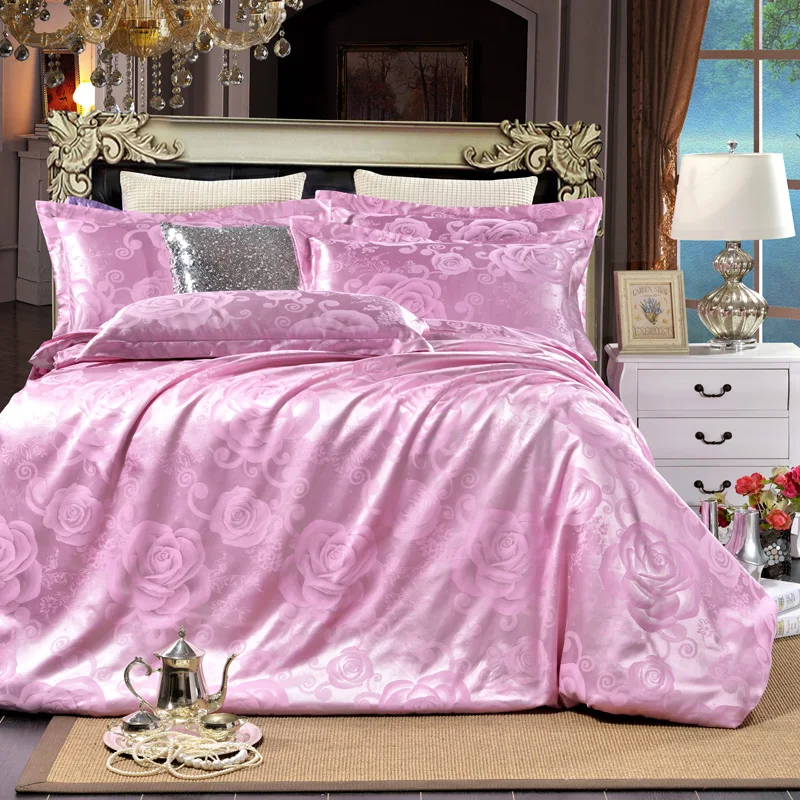 classic Satin Jacquard pink rose Bedding Set Bed linen duvet cover 4pcs