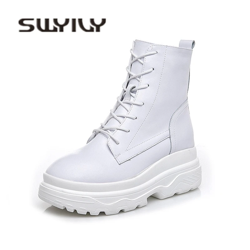 Tanie SWYIVY Genine skórzane buty damskie buty na co dzień ciepłe 2019 zimowe damskie botki buty damskie wysokie góry zwiększone butki na śnieg