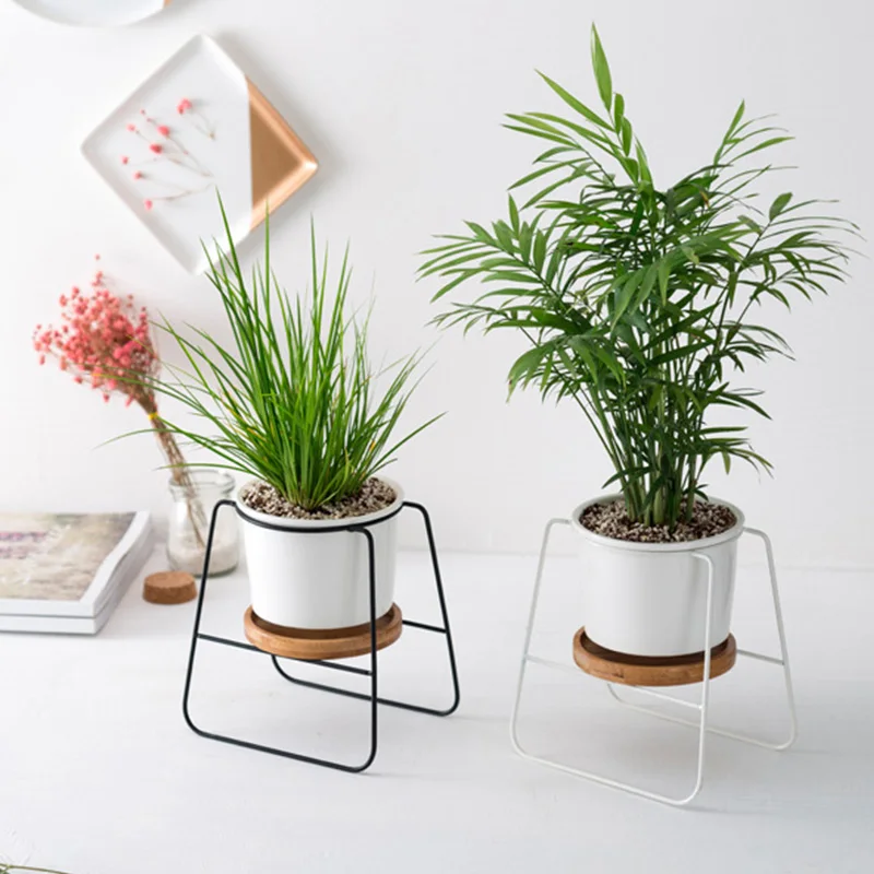 

3pcs Minimalist Ceramic Iron Flower Pots Succulent Plant Pots with Bamboo Stand Iron Metal Shelf Set Home Garden Decor