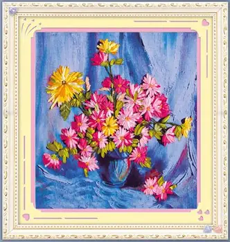 

Needlework,DIY Ribbon Cross stitch Sets for Embroidery kits,Elegant Vase Daisy flowers Cross-Stitch handwork Home Wall Decor