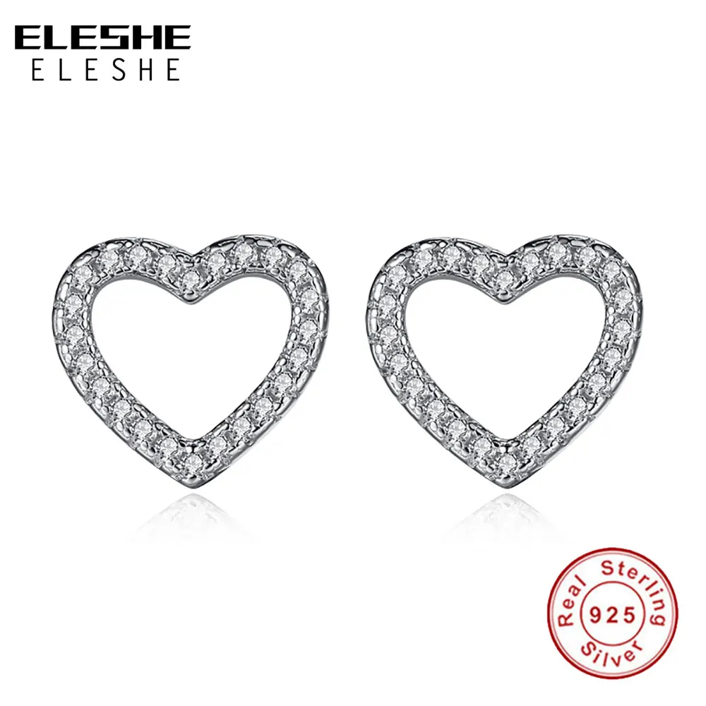 Подлинный eleshe 925 пробы Серебряные серьги для Для Женщин Проложить Кристалл полый Серьги в виде сердца, свадебные украшения подарок ко Дню Святого Валентина