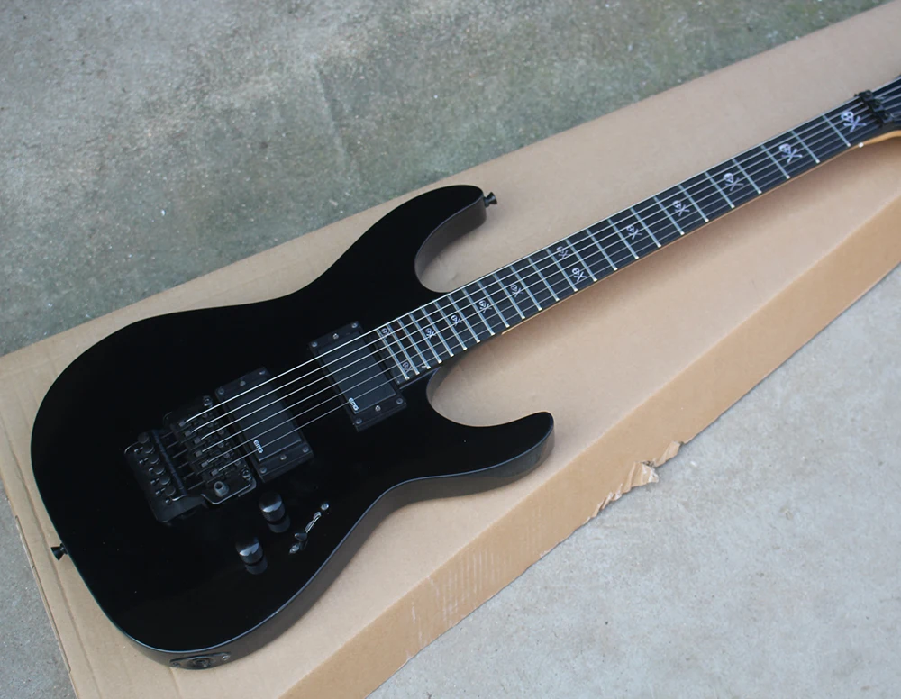 

High Quality Black Electric Guitar with Skeleton Frets Inlay,Double Rock,Black Hardware,Active Pickups,Rosewood Fretboard