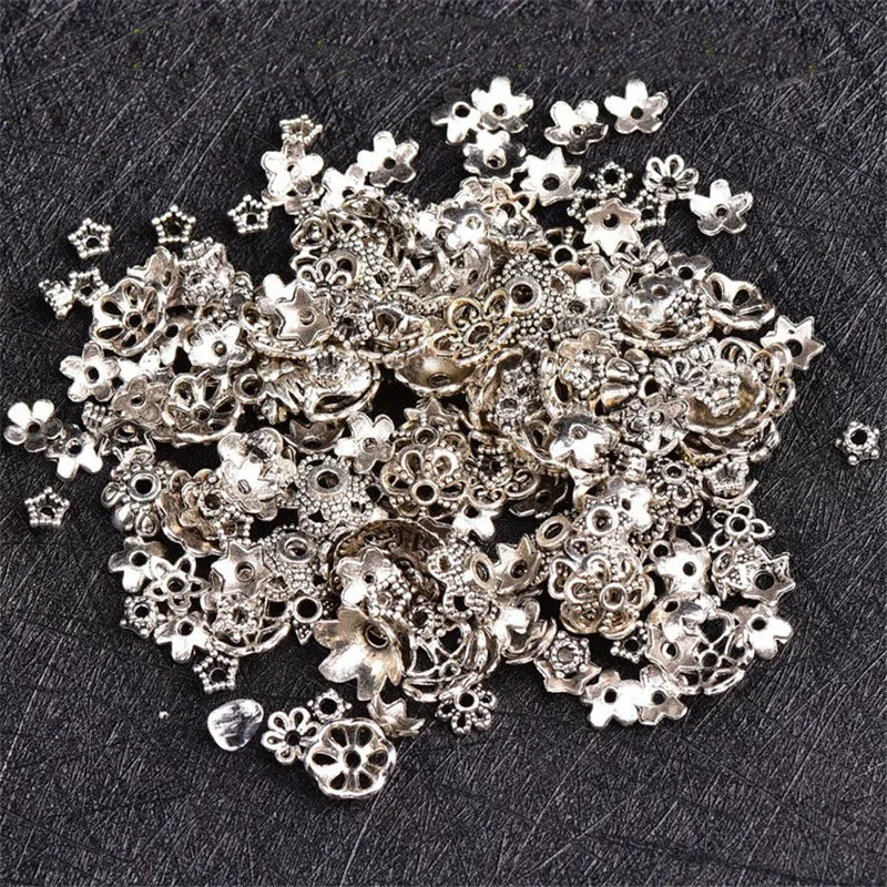 

50pcs Random Metal End Beads Caps Findings Diy Antique Silver Color Alloy Flower Tibetan Carved Spacer Beads for Jewelry Making