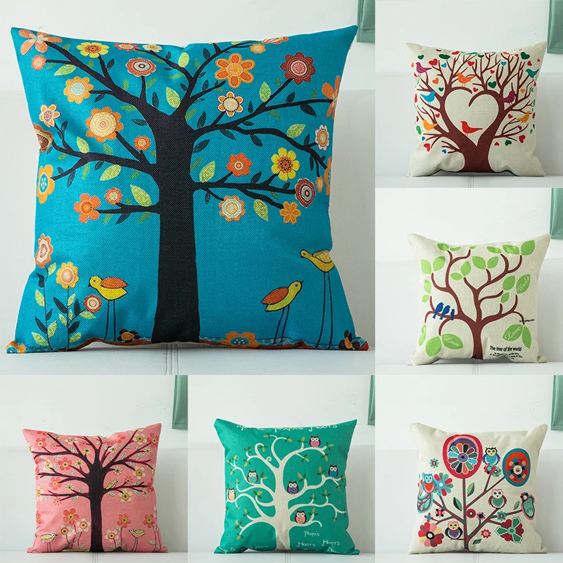 

Nordic Style Geometric Flax Pillow Case Colorful tree geometric pattern Home Decorative Pillows Cover For Pillowcase