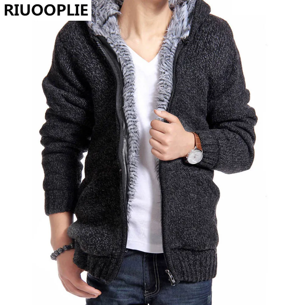 RIUOOPLIE/осенне-зимние Утепленные толстовки с меховой подкладкой для мужчин; Повседневная однотонная Теплая мужская куртка на молнии; верхняя одежда