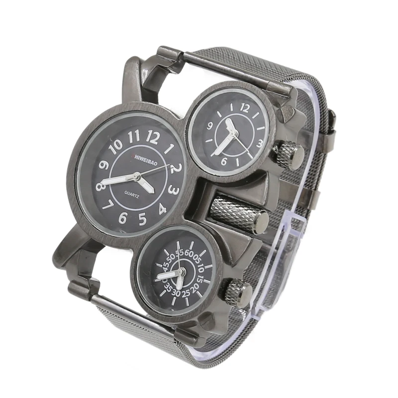 new arrival unique design three time zones quartz watches for men military style steel mesh watchband free shipping (11)