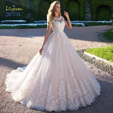 Loverxu Vestido De Noiva, сексуальное свадебное платье принцессы с открытой спиной,, с аппликацией, с коротким рукавом, со шлейфом, ТРАПЕЦИЕВИДНОЕ кружевное свадебное платье