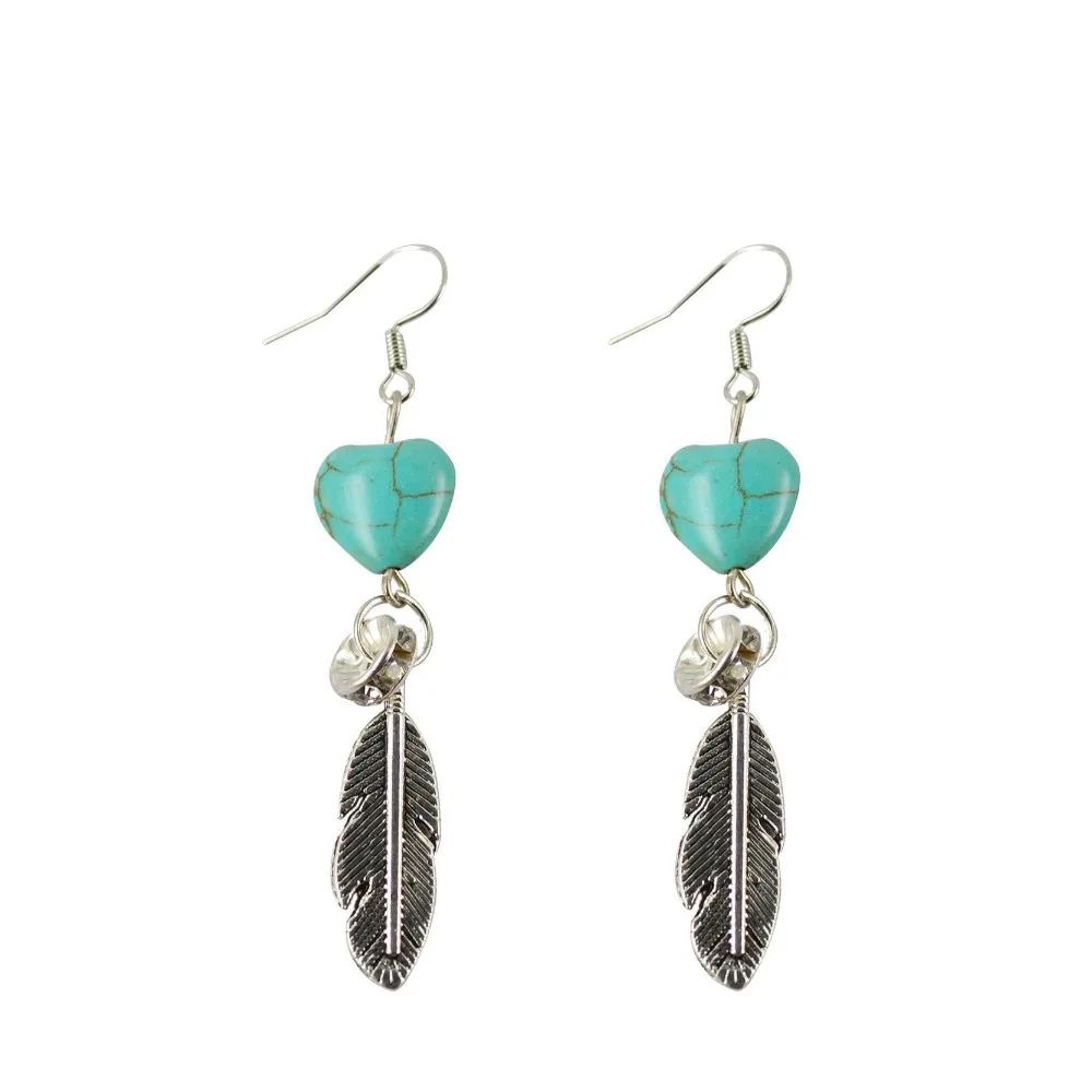 

Trendy Female Love Heart Turquoise Long Drop Earring With Tibetan Silver Metal Feather Crystal Vintage Jewelry