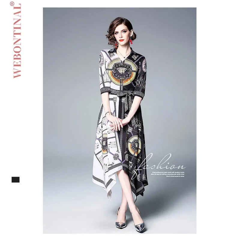 

WEBONTINAL Fashion V-neck Contrast Color Stitching Baroque Print Sleeves Irregular Women Dress Ladies Dresses Party Vestidos