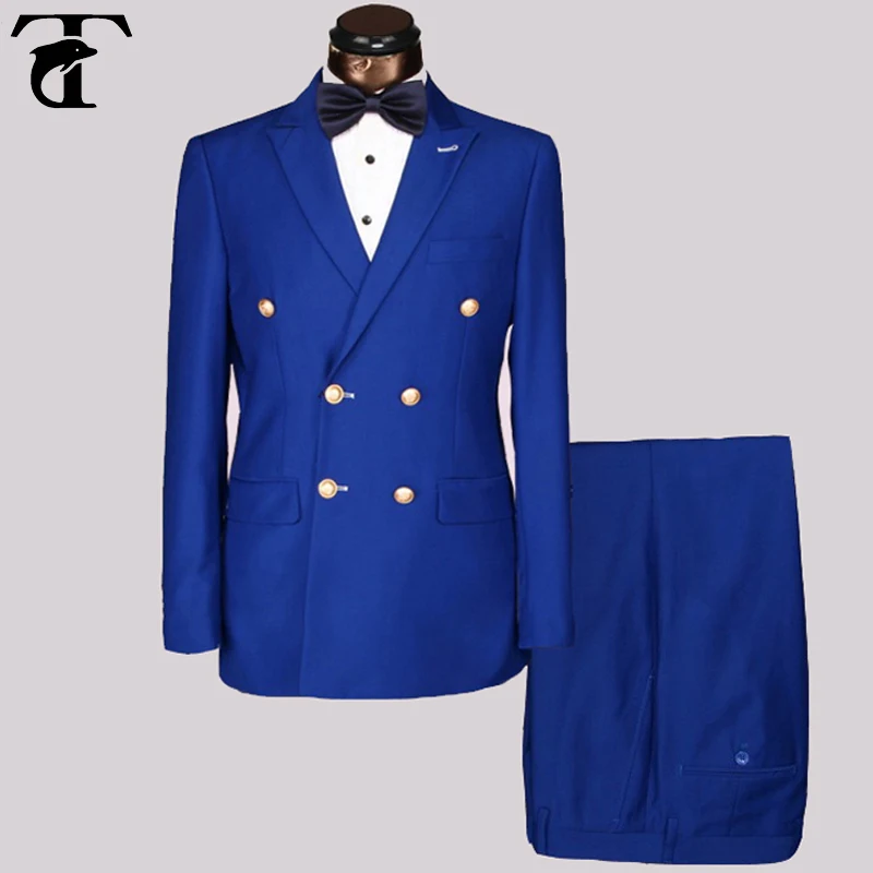 Men's double-breasted coat in dark blue wool with gold-colored buttons