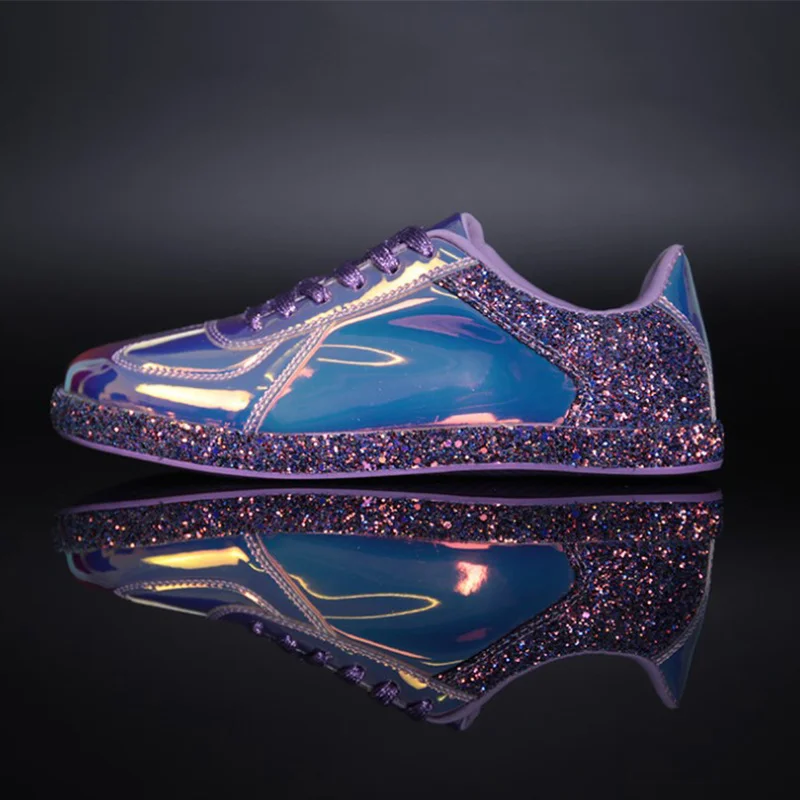 

2019 Women Sneakers Fashion Flat Shoes Bling PU Female Platform Lace Up Casual Walking Shoes Comfort Ladies Glossy Sneakers