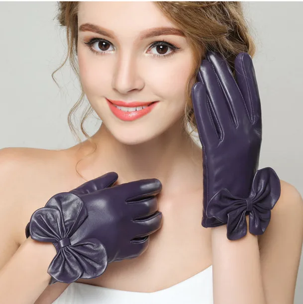 purple Кожаные перчатки женские зимние из овчины милые с большим бантом плюс бархатные теплые перчатки для сенсорного экрана Короткие - Цвет: purple
