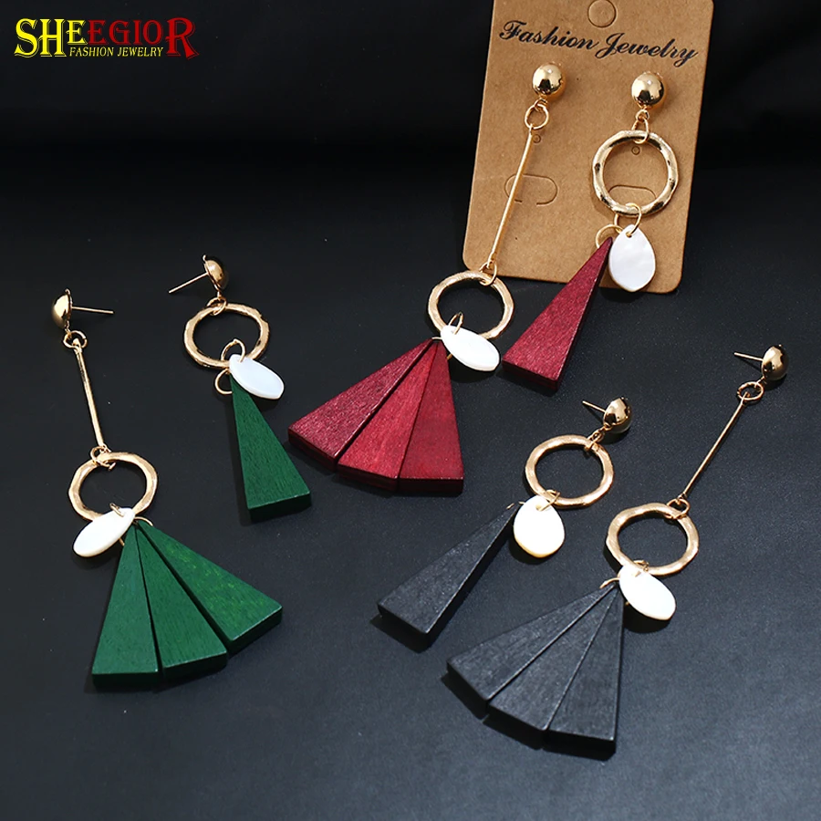 

Korean Triangle Dangle Long Earrings for Women Accessories Lovely Simple Shell Red Green Black Wood Drop Earring Fashion Jewelry
