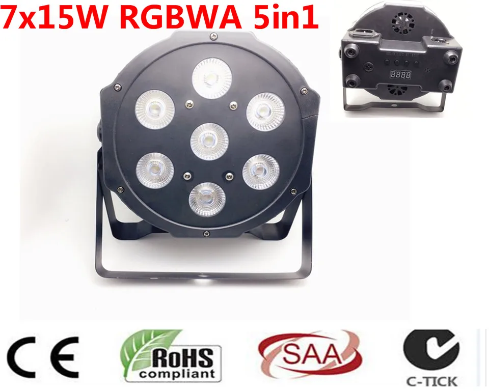 

10 pz/lotto, CREE RGBWA 7x15 W LED Flat SlimPar Luce 5in1 RGBWA LED DJ Wash Stage Light dmx luce della lampada 6/8 channes
