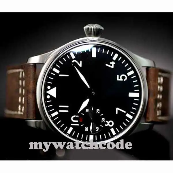 Tanie Darmowa wysyłka 44mm klasyczna czarna tarcza parnis luminous makrs azja 6497 ruch mechaniczne zegarki ręczne nakręcanie mężczyzna zegarka PA01