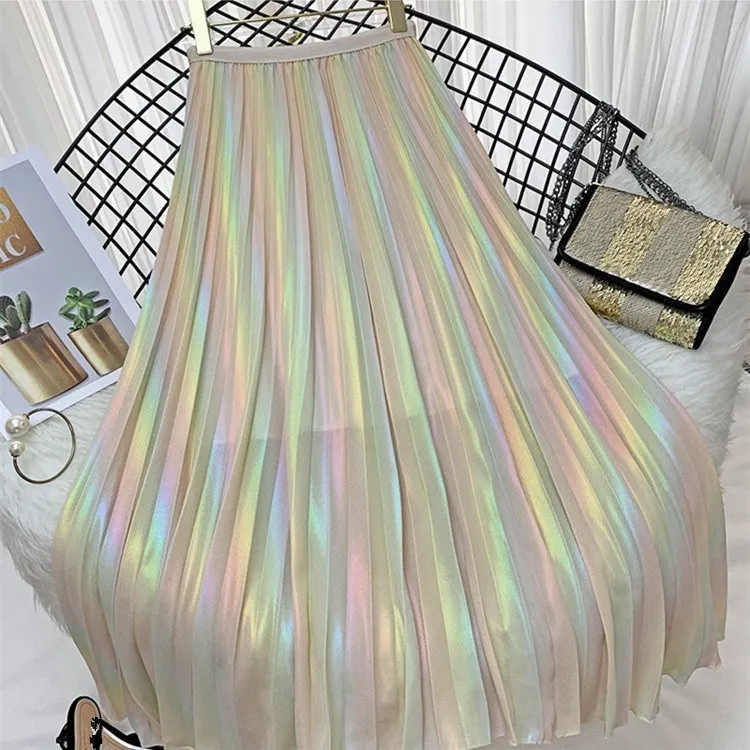 

2019 Summer New High Waist Chiffon Skirt Women Vintage Rainbow Laser Gradient Pleated Skirts Casual A-Line Mid Skirt