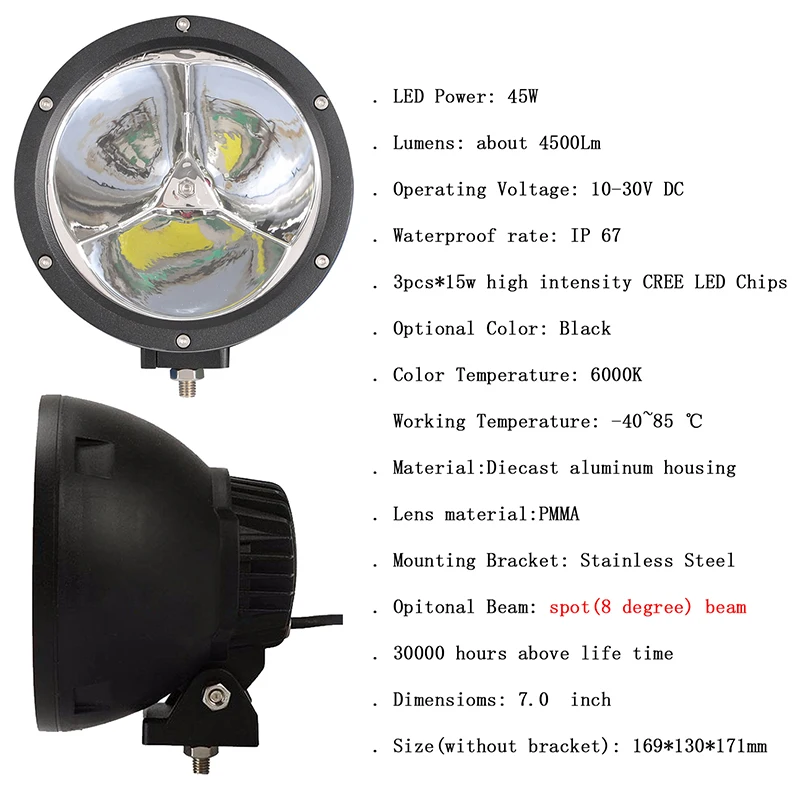 2 7 LED Offroad Pod Lights 45W with Mounting Bracket, Black Round Spot Bumper Driving Lamp Headlight Fog Light for Offroader, Truck, Car, ATV, SUV, Construction, Camping, Hunters