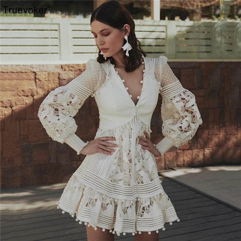 

Truevoker Designer Dresses Women's High End Puff Sleeve V-neck Embroidery Cutout Balls Sexy Resort Beach Cotton Robe Femme Ete