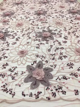 

Sale wholesale price 3d flower design French lace fabric high quality African tulle lace fabric 3d flowers and beads 5y(FJ18-10