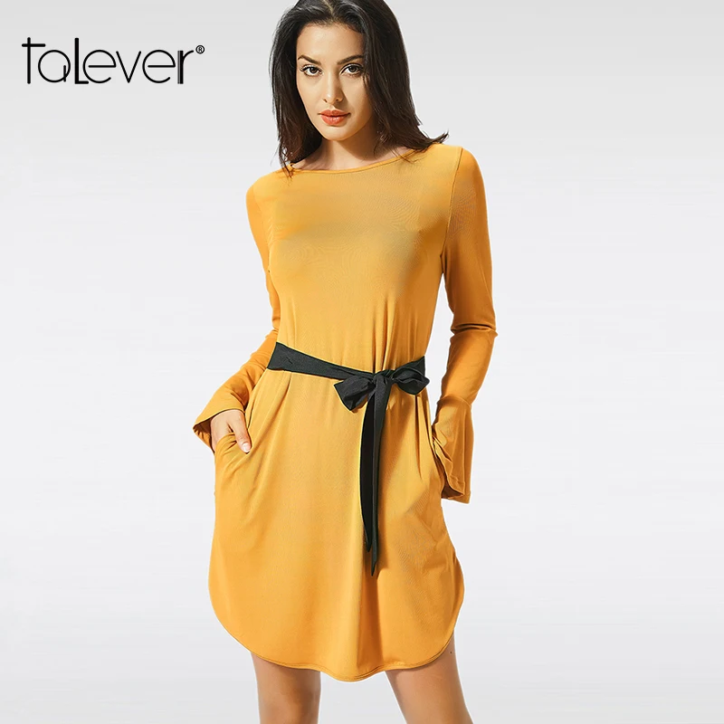 Buy Women Elegant Yellow Mini Dress with Pocket Belt