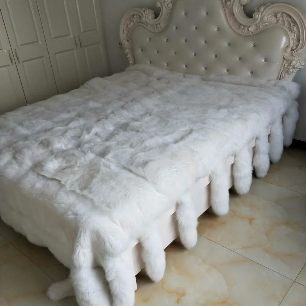 250 Cm X 200 Cm King Size Luxury White Fox Fur Throw Blanket Real Fox Fur Bed Cover With Fox Tails Fur Aliexpress
