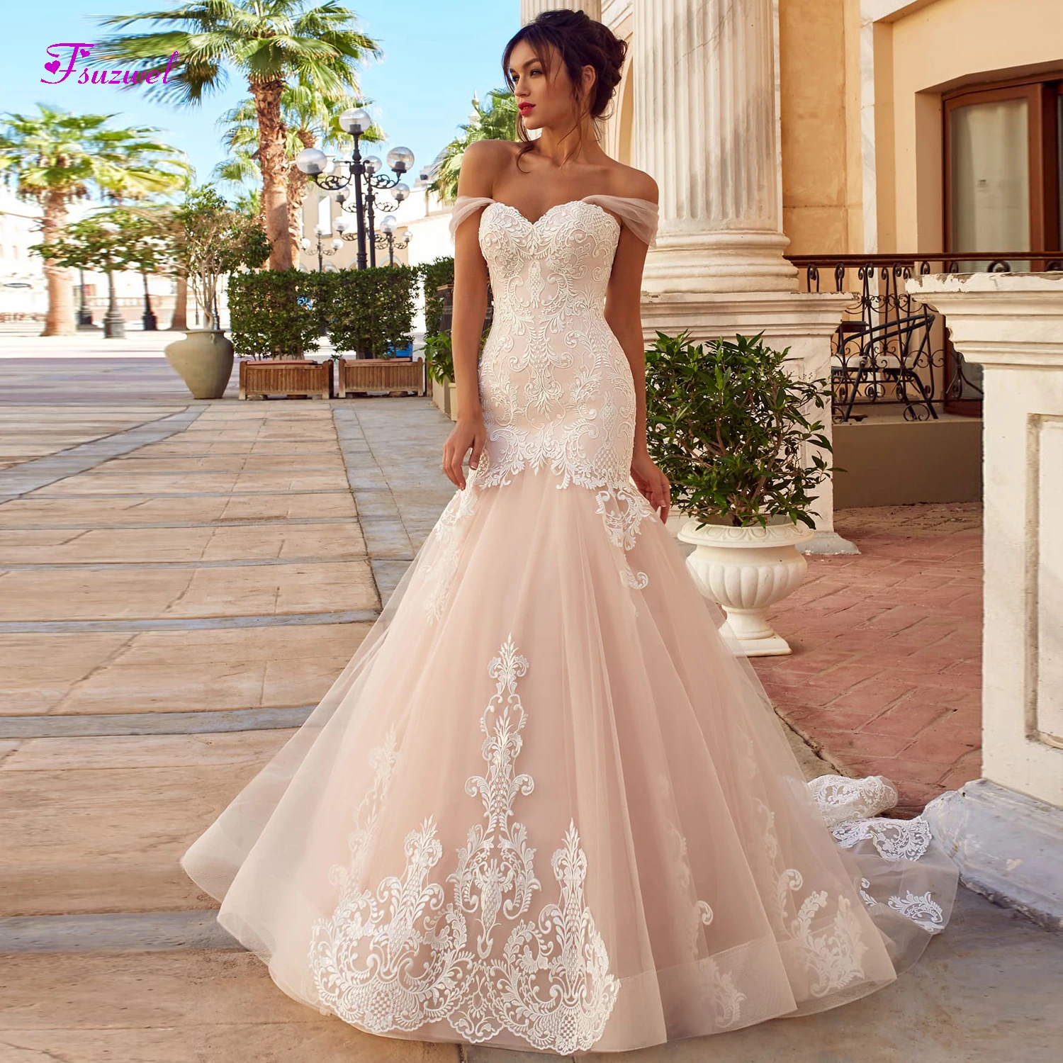 

Fsuzwel New Romantic Boat Neck Lace Up Mermaid Wedding Dresses 2019 Luxury Appliques Sweep Train Princess Bridal Gown Plus Size