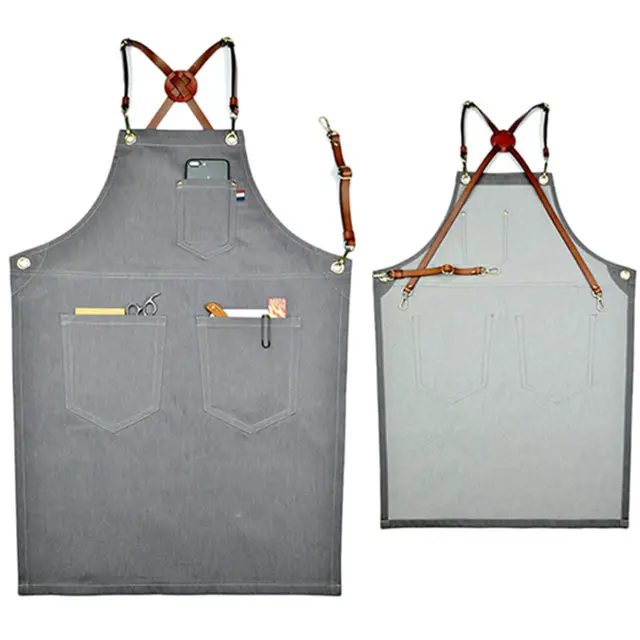 HiLEDER Gray Denim Bib Apron with Leather Strap Barber