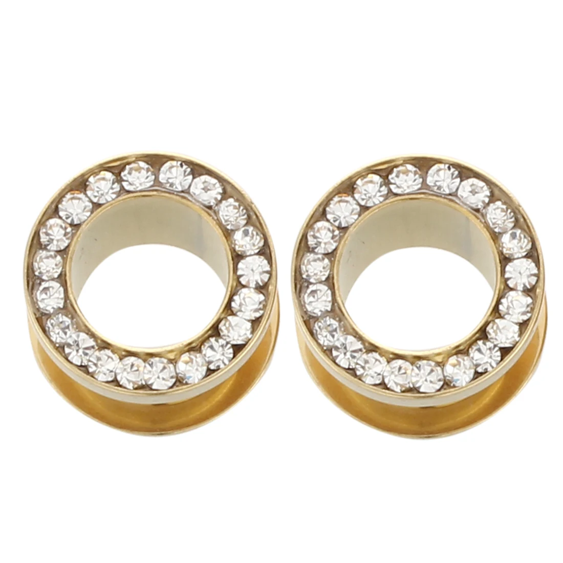 PAIR of GOLD Plated CLEAR Gem Rim EAR Gauges PLUGS Rings TUNNEL Piercing Jewelry