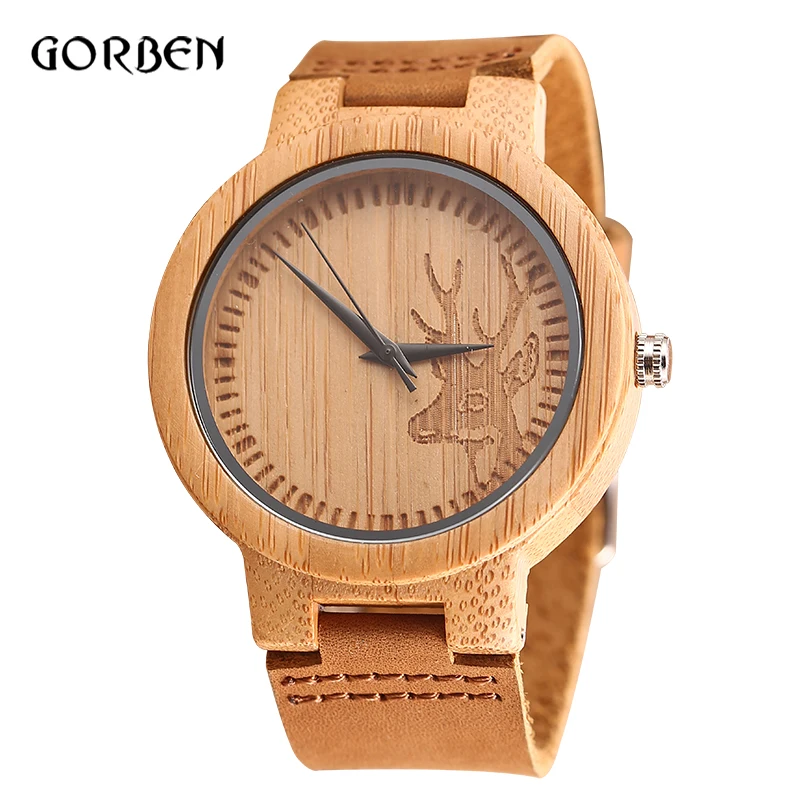 

Creative Engraved deer Wooden Watch 2018 Men Simple Cowhide Leather Luxury Sports Quartz Wristwatch Male Clock Relogio Masculino
