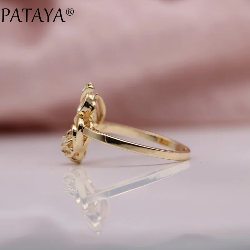 PATAYA New 585 Rose Gold White Rhinestones Round Natural Zirconia Rings Women Wedding Party Cute Girls Simple Fine Gift Jewelry