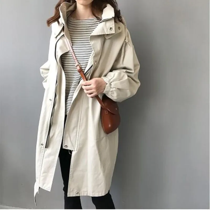 Plus noir camel La 2018 Pour vent Lâche Femmes Capuchon Coton Tranchée Manteau Mode Coupe Sauvage Taille À Printemps Beige Automne qqnPUvH
