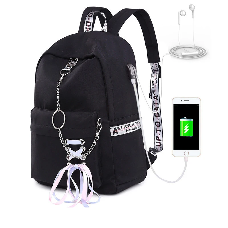Высококачественный Женский школьный рюкзак с usb зарядкой для девочек-подростков, водонепроницаемый рюкзак с милыми лентами для путешествий, сумка для ноутбука, рюкзак - Цвет: Large black
