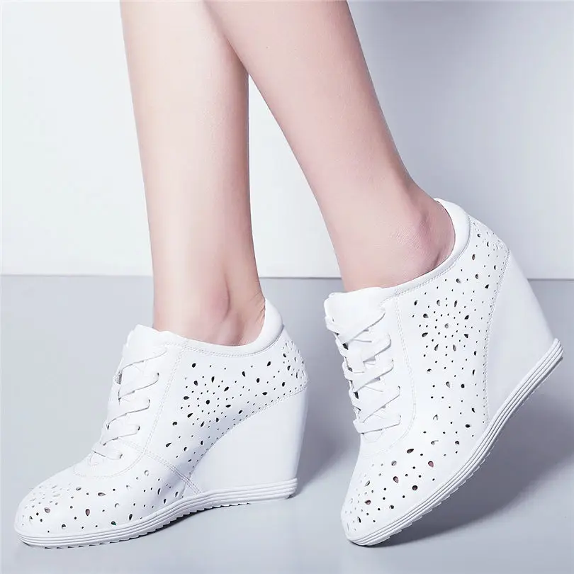 

NAYIDUYUN Tennis Shoes Women Cow Leather Wedges High Heel Pumps Lace Up Summer Ankle Boots Breathable Trainers Casual Shoes