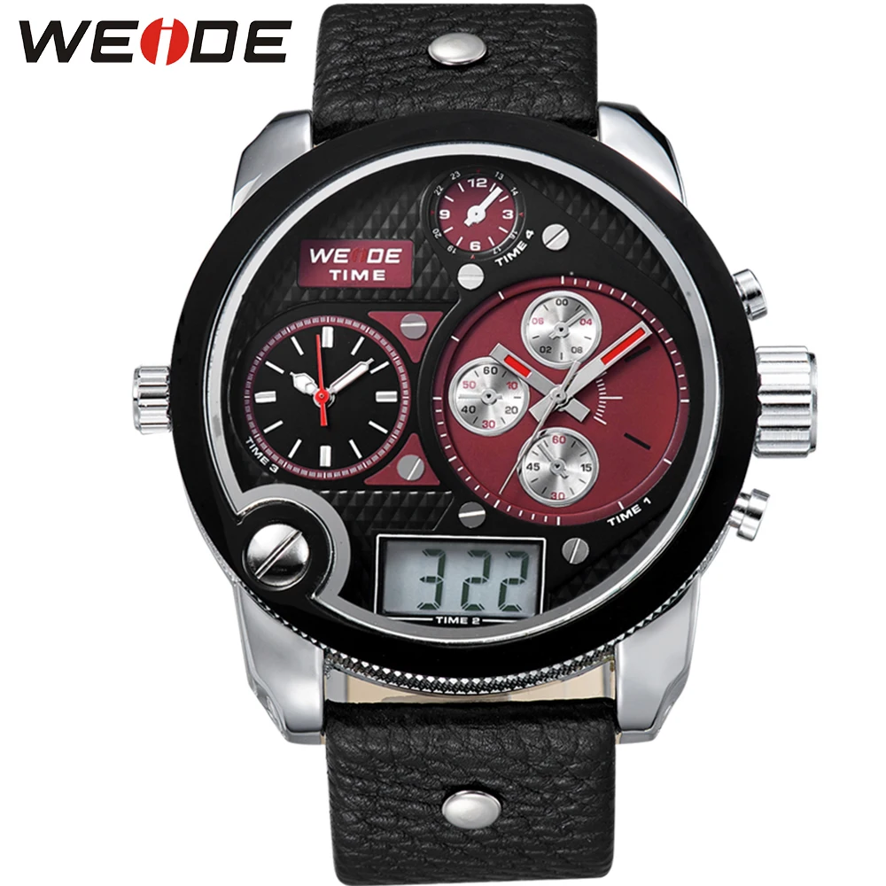 

WEIDE Mens Sports Watches Stopwatch Leather Strap Time Zone Quartz Analog Digital Clock Military Wristwatches Waterproof Relojes