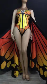 

Female Singer Nightclub Costume Colorful Printing Butterfly Wings Elastic Bodysuit Leading Dance Models Catwalk Party Stage Wear