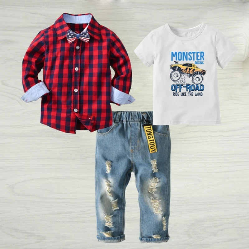 

ins hot boys 3-pieces-sets 2019 spring and summer new cotton checkered shirt hole jeans T-shirt three-piece-sets all-match