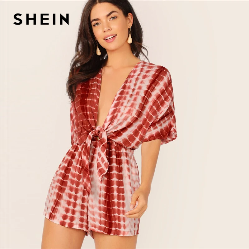 

SHEIN Rust Plunging Neck Knot Front Tie Dye Sexy Boho Romper Women Half Sleeve Summer Rompers Womens Jumpsuit Mid Waist Playsuit